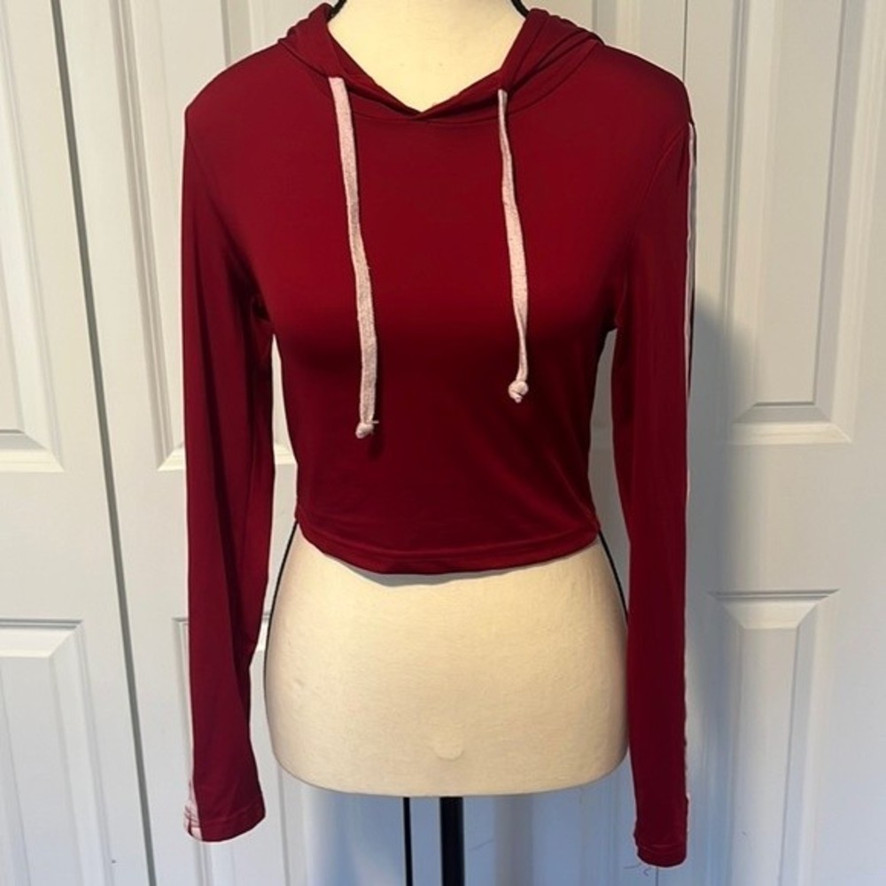 Red long sleeve cropped top with hood. Athletic hoodie size XS